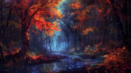 Fototapeta premium Enchanted Forest with Vibrant Autumn Foliage and Mystical Lighting