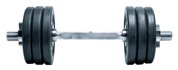 High-quality close-up of a heavy black dumbbell on a white background, ideal for fitness and weightlifting themes.