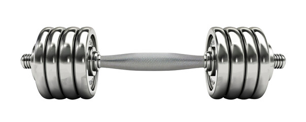 High-quality image of a chrome adjustable dumbbell with multiple weight plates on each side, ideal for strength training and fitness routines.