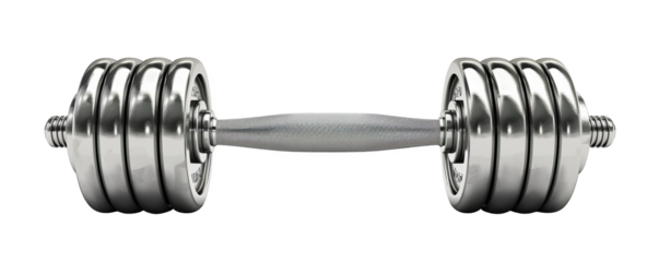 High-quality image of a chrome adjustable dumbbell with multiple weight plates on each side, ideal for strength training and fitness routines.