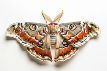 Fototapeta premium Macro Shot of Cecropia Moth Closeup, Detailed Insect with Vibrant Colors, Isolated on White Background
