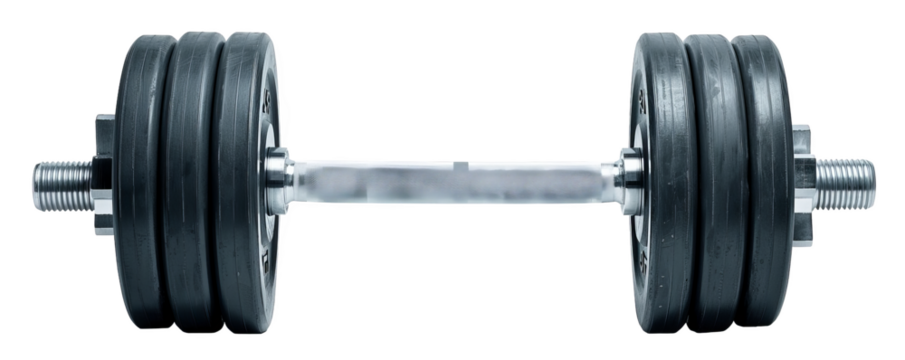 High-quality close-up of a heavy black dumbbell on a white background, ideal for fitness and weightlifting themes.