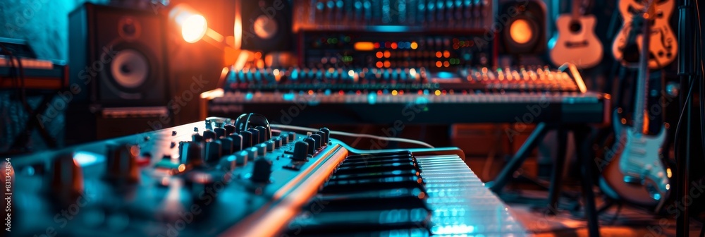 Aufkleber A recording studio pulsating with musical energy, showcasing a keyboard and an array of musical instruments waiting to bring melodies to life. Generative AI