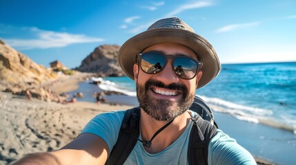 Fototapeta premium Smiling man enjoys sunny day at beach taking selfie. Capture of happy vacation moments. Ideal for travel and leisure promotions. AI