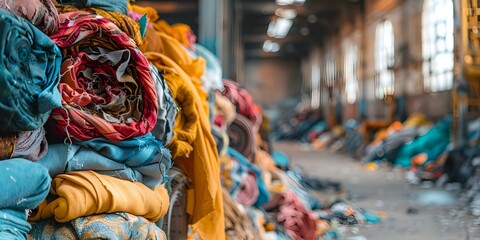 Fototapeta premium Textile fabric pile in recycling facility showcasing reuse of clothing and combating fast fashion pollution. Concept Textile Recycling, Sustainable Fashion, Clothing Reuse, Fast Fashion Pollution