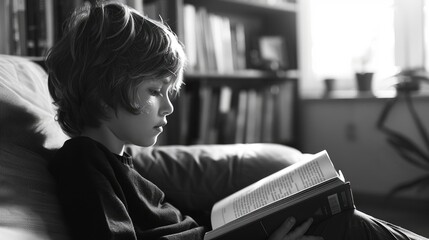 Boy engrossed in reading book. Young reader lost in story. Literary moment, child and book in harmony. Focused little kid reading interesting fairytale. Education. Student study at home. Person learn. - Powered by Adobe