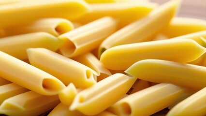 A close-up of uncooked penne pasta, showcasing its ridged texture and golden-yellow color. The image emphasizes the tubular shape and smooth, glossy surface, ideal for various Italian dishes
