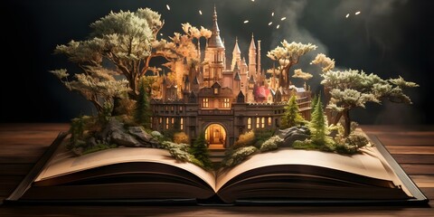 Fantasy world with castle emerging from open book. Concept Imaginary World, Castle, Book, Fantasy, Visual Storytelling © Anastasiia