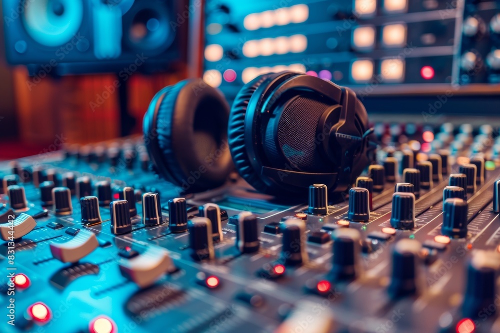 Aufkleber A mixing desk adorned with a pair of headphones, symbolizing the connection between technology and sound in a recording studio setting. Generative AI