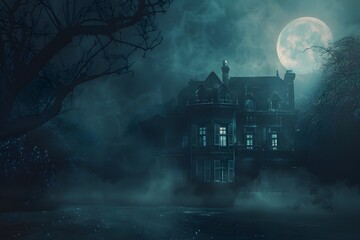 Dark Spooky Haunted House in Foggy Forest with Full Moon