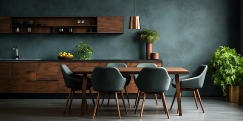 Elegant kitchen featuring wooden table and chairs against a dark classic wall. Concept Kitchen Decor, Wooden Furniture, Dark Wall, Elegant Design, Classic Style