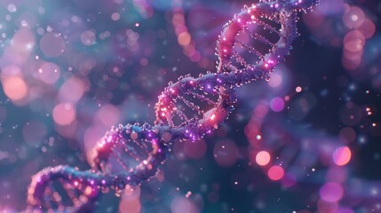 A purple and blue DNA strand with a pink and purple glow