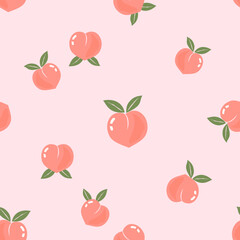Seamless pattern with pink peach with green leaves on pink background vector. Cute fruit print.