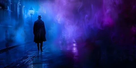Shadowy figure in tattered coat vanishes into city night shrouded in mystery. Concept City Night, Shadowy Figure, Mystery, Vanishing Act, Tattered Coat