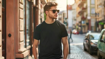 Fototapeta premium hipster male model in black tshirt young man shirt mockup on street casual apparel design template 12
