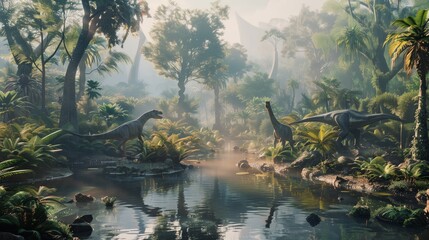 Prehistoric Jungle with Dinosaurs by a Tranquil River