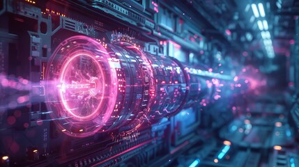 Obraz premium A futuristic space scene with a glowing, pink object in the center