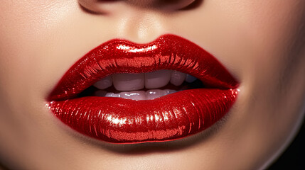 Fototapeta premium A close up of a woman's mouth with glittery pink lipstick.