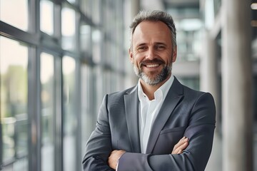 Naklejka premium Smiling senior businessman consultant looks directly at the camera in a contemporary office.