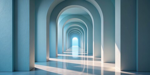 Long Hallway With Arches and Light at the End. Generative AI