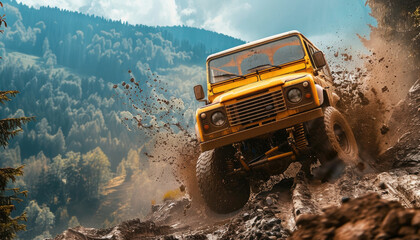 A jeep is driving through a muddy, rocky terrain by AI generated image