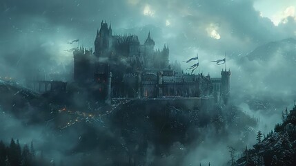 Fototapeta premium A grand medieval castle on a hilltop, surrounded by mist, with banners fluttering, Gothic architecture, dark tones, dramatic lighting, fantasy illustration,