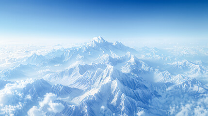 A breathtaking aerial view of snow-capped mountains against a clear blue sky, offering a majestic backdrop for cinematic productions or desktop wallpapers