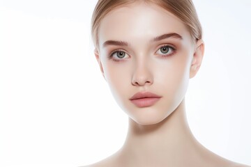 Fototapeta premium close up face portrait of young pretty Caucasian woman with bright flawless skin, beauty cosmetic or skincare fashion portrait with copy space isolated on white background,
