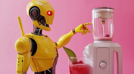 Yellow humanoid robot making food in a mixer, isolated on a pastel pink background.