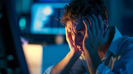 Young man holding his head in frustration while working on a computer. Stress and overworking.