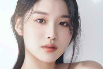 Fototapeta premium close up face portrait of young pretty Asian woman with bright flawless skin, beauty cosmetic or skincare fashion portrait with copy space
