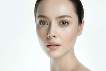 close up face portrait of young pretty Asian woman with bright flawless skin, beauty cosmetic or skincare fashion portrait with copy space