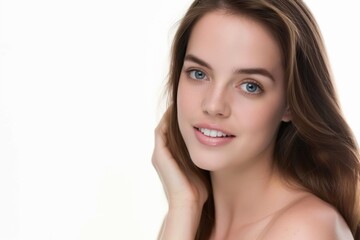 Fototapeta premium close up face portrait of young pretty Caucasian woman with bright flawless skin, beauty cosmetic or skincare fashion portrait with copy space isolated on white background,