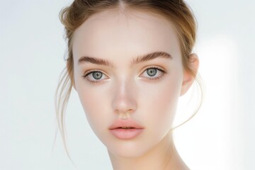 Naklejka premium close up face portrait of young pretty Caucasian woman with bright flawless skin, beauty cosmetic or skincare fashion portrait with copy space isolated on white background,