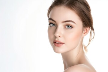 Fototapeta premium close up face portrait of young pretty Caucasian woman with bright flawless skin, beauty cosmetic or skincare fashion portrait with copy space isolated on white background,