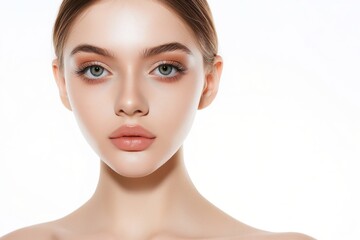 Fototapeta premium close up face portrait of young pretty Caucasian woman with bright flawless skin, beauty cosmetic or skincare fashion portrait with copy space isolated on white background,