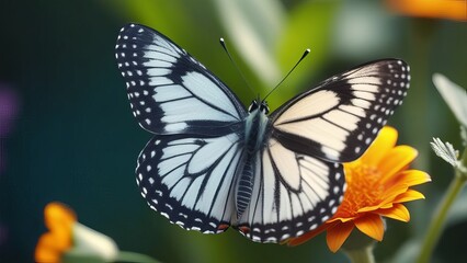 Fototapeta premium A beautiful white and black butterfly perched on a vibrant yellow flower. The butterfly's delicate wings and the bright flower create a striking contrast, set against a blurred natural background