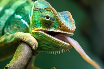 Obraz premium AI generated illustration of a chameleon perched on stick with tongue out