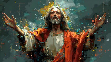 Pixel Art of Jesus Christ Radiating ByzantineInspired Devotion with Welcoming Arms