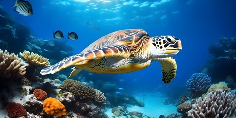 Hawksbill Turtle's Swim in the Coral Reef of the Indian Ocean in Maldives. Concept Maldives, Indian Ocean, Hawksbill Turtle, Coral Reef, Marine Life