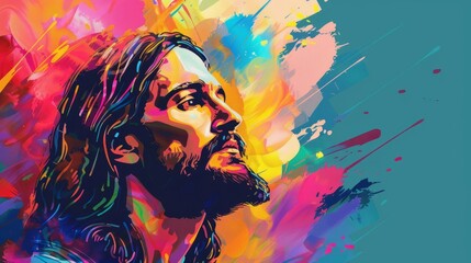 Naklejka premium jesus christ portrait on abstract colorful background vector illustration with copy space religious art