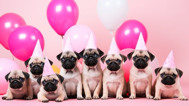 Lots of pug puppies in a birthday hat on a pink background