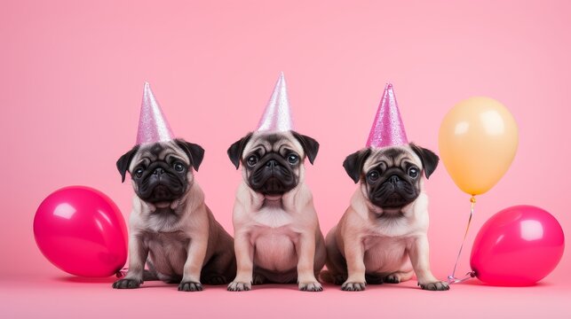 Lots of pug puppies in a birthday hat on a pink background - Powered by Adobe