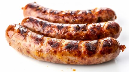 juicy bratwurst sausage isolated on plain white background appetizing grilled meat closeup