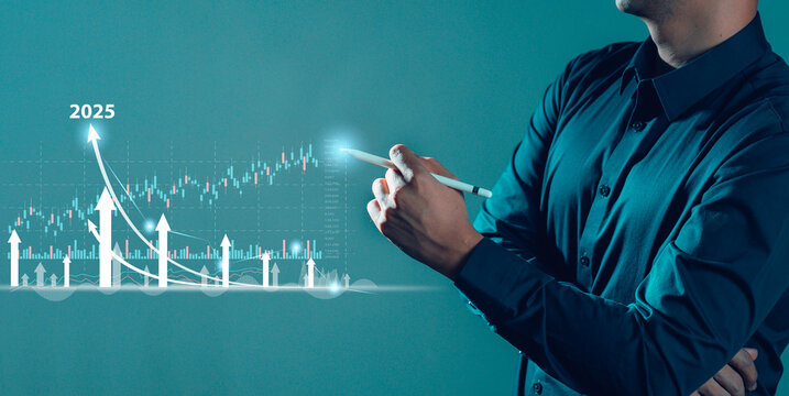 Businessman analyzes business goals and growth in 2025, planning and vision for planning business opportunities and strategies, revenue, profits, global economic trends.