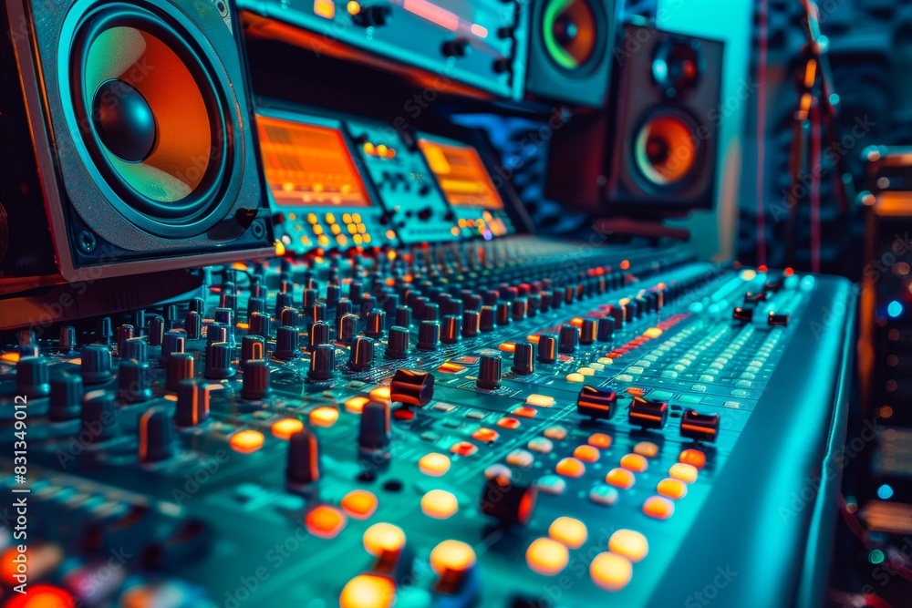 Poster vibrant sound equipment fills the mixing desk with a harmonious blend of tones, showcasing the artis
