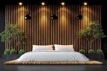 Modern bedroom with wooden accent wall, ambient lighting, and greenery, creating a stylish and serene space for relaxation