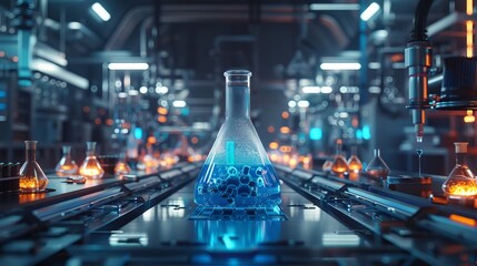A blue glass beaker is sitting on a table in a lab