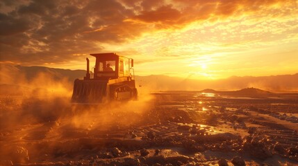 Fototapeta premium Bulldozer Digging Through Large Pile of Rubble