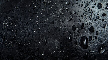 Water drops on a black background. Banner with raindrops on a black surface. Texture
